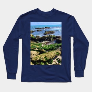 Seaweed covered rocks on the shore Long Sleeve T-Shirt